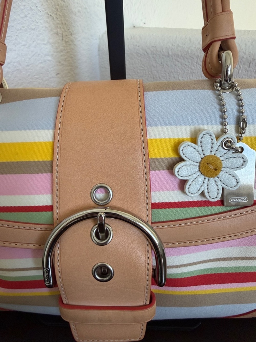 VINTAGE Coach Pink Multi-Stripe Leather-Trim Satchel with Floral Charm(LIKE NEW) - Picture 2 of 16